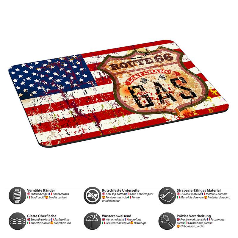 Eine rechteckige Fußmatte mit einem Vintage-Schild 