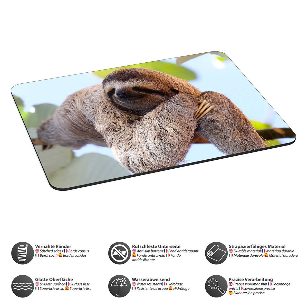 Bild eines Faultiers, das auf einem Baumast ruht. Darunter befinden sich Symbole mit deutscher Beschriftung, die Eigenschaften wie glatte Kanten und Wasserbeständigkeit anzeigen.