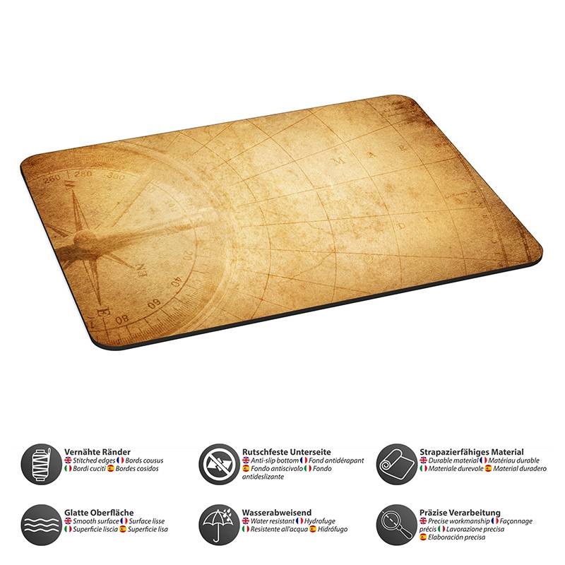 Eine rechteckige Matte mit einem Vintage-Nautikkarten-Design. Merkmale umfassen eine rutschfeste Unterseite, strapazierfähiges Material, eine glatte Oberfläche und Wasserabweisendheit. Icons heben diese Eigenschaften hervor.