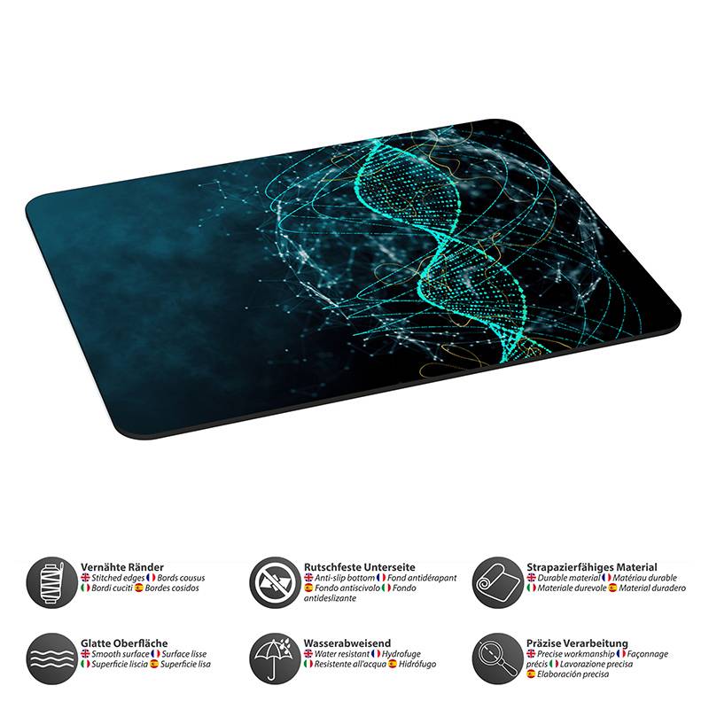 Ein dunkles Mauspad mit einem leuchtenden blau-gelben DNA-Helix-Design. Darunter zeigen Icons und Text seine Eigenschaften: glatte Kanten, rutschfeste Unterseite, robustes Material, glatte Oberfläche, wasserabweisend, präzise Verarbeitung.