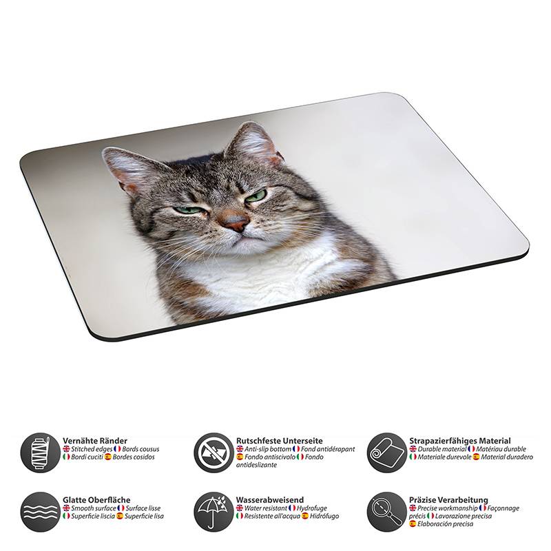 Mousepad mit einem Foto einer getigerten Katze, die geradeaus blickt. Zu den Merkmalen gehören eine glatte Oberfläche, rutschfeste Unterseite, robustes Material und Wasserbeständigkeit.