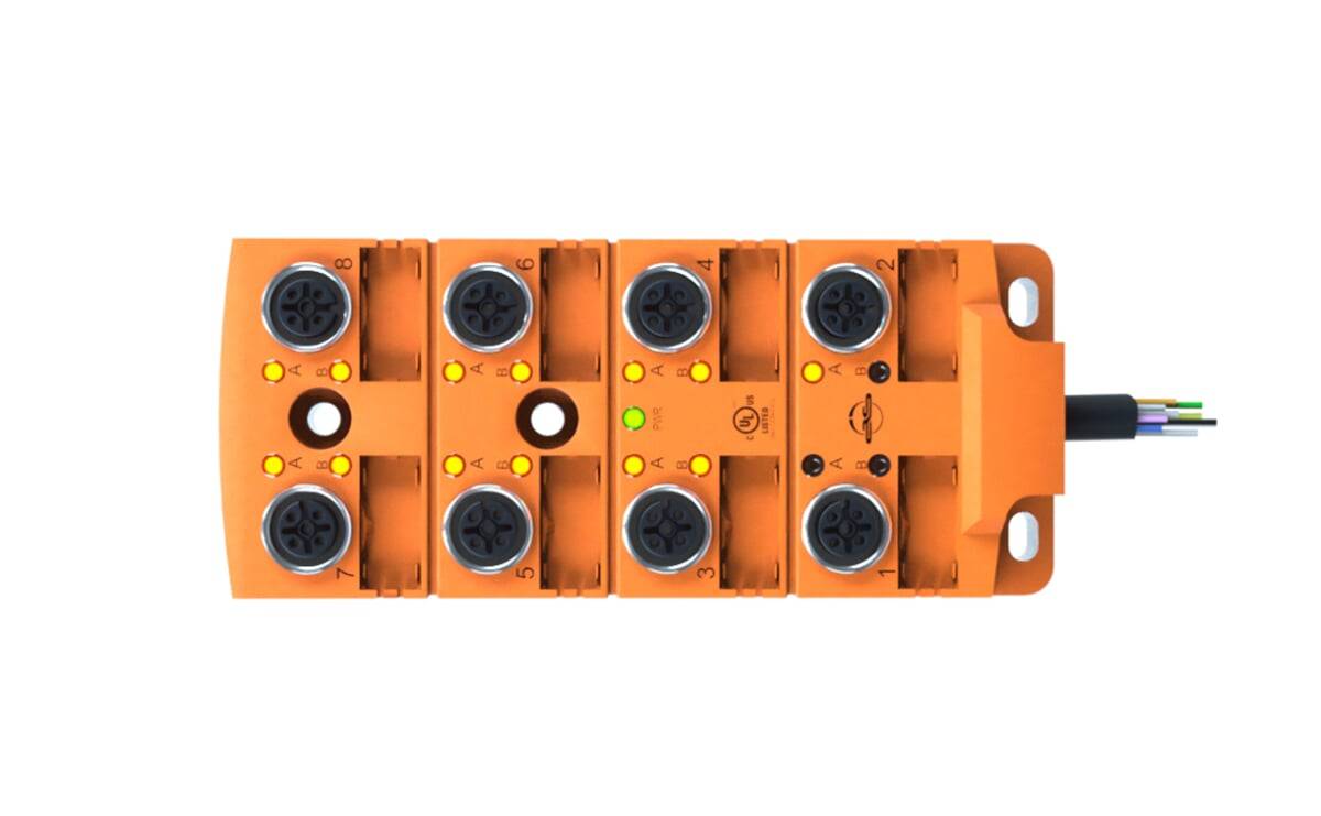 Ein orangefarbener elektronischer Anschluss mit acht kreisförmigen Ports, von 1 bis 8 beschriftet, mit verschiedenen LED-Anzeigen und Zertifizierungsmarken.