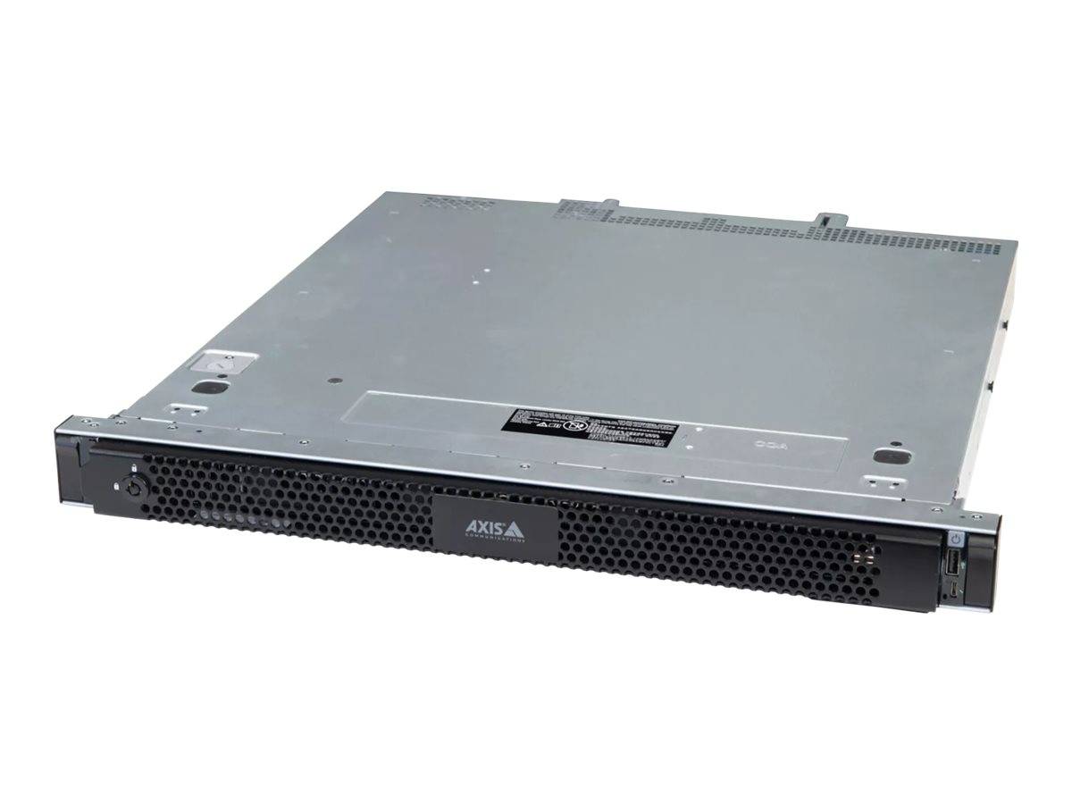 Ein rechteckiger, im Rack einbaubarer Server mit einem grauen Gehäuse und einem schwarzen Lochblech-Panel an der Vorderseite, mit der Beschriftung 