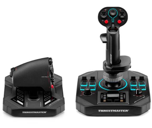 Ein Thrustmaster-Flugsteuerungssystem mit einem Joystick und Gashebelquadranten, entwickelt für realistische Flugsimulationserlebnisse.