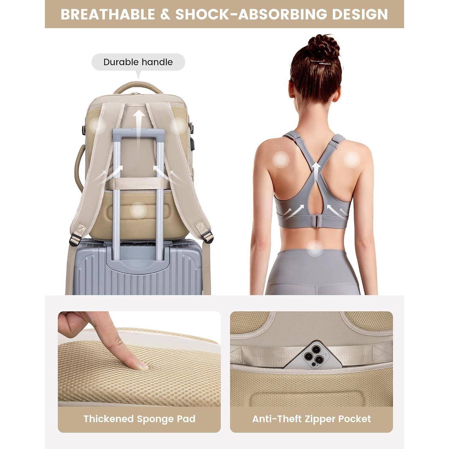 Design mit Atmungsaktivität & Stoßdämpfung: Frau in Sportkleidung mit einem Rucksack mit robustem Griff, Schaumpolster und diebstahlsicherer Tasche.