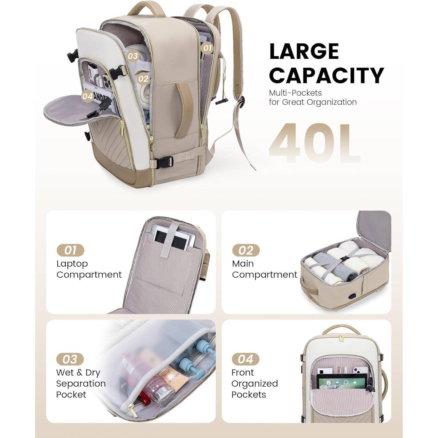 Rucksack mit großer Kapazität, 40L. Ausgestattet mit einem Laptopfach, Hauptfach, einem separaten Nass- und Trockenfach sowie vorderen Organizer-Taschen für vielseitige Verstaumöglichkeiten und eine hervorragende Organisation.