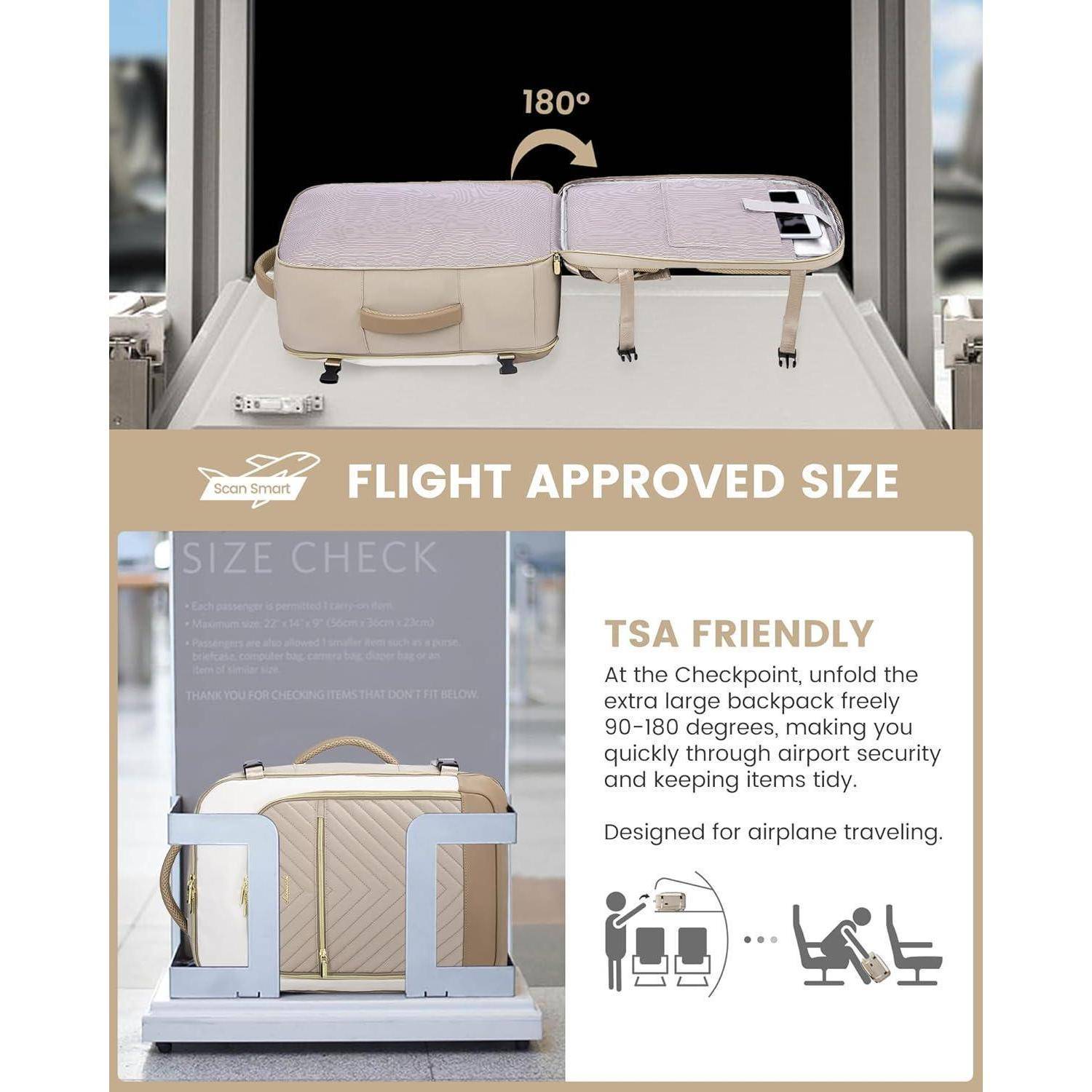 Für Flüge zugelassene Größe' betont das TSA-freundliche Design des Koffers, der auf einem Flughafenscanner-Tablett ausgefaltet für eine einfache Sicherheitskontrolle gezeigt wird.