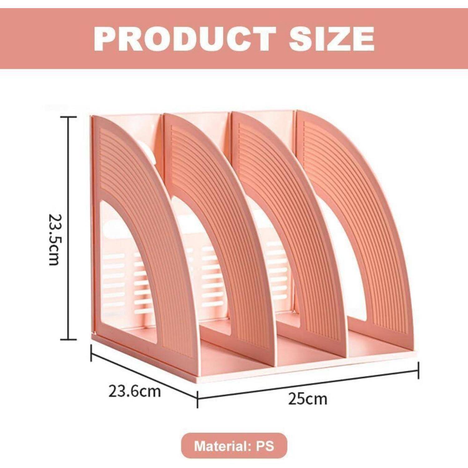 Produktgröße: 23,6 cm (Breite) x 25 cm (Tiefe) x 23,5 cm (Höhe). Material: PS. Abbildung zeigt einen dreifach-Dokumentenhalter in Lachsfarbe.