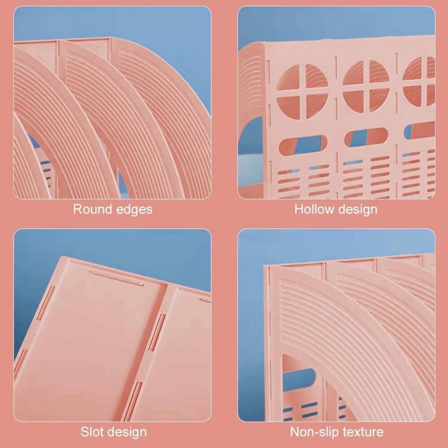 Vier Bilder zeigen ein rosa Plastikregal: abgerundete Kanten, hohle Konstruktion, Schlitzsystem, rutschfeste Textur.
