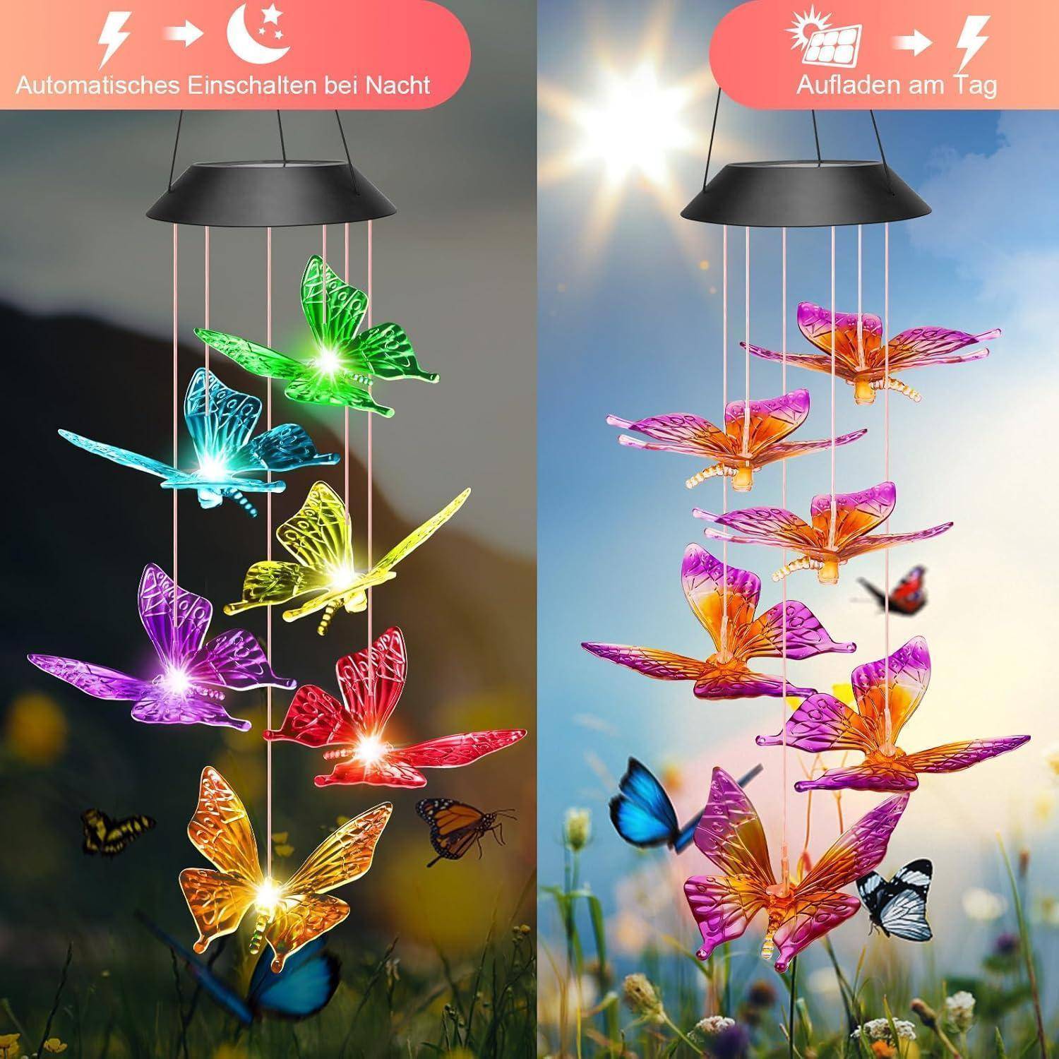 Solar-betriebenes Schmetterlings-Windspiel. Links: leuchtende Schmetterlinge bei Nacht mit Text 'Automatisches Einschalten bei Nacht'. Rechts: farbenfrohe Schmetterlinge bei Tageslicht mit Text 'Aufladen am Tag'.