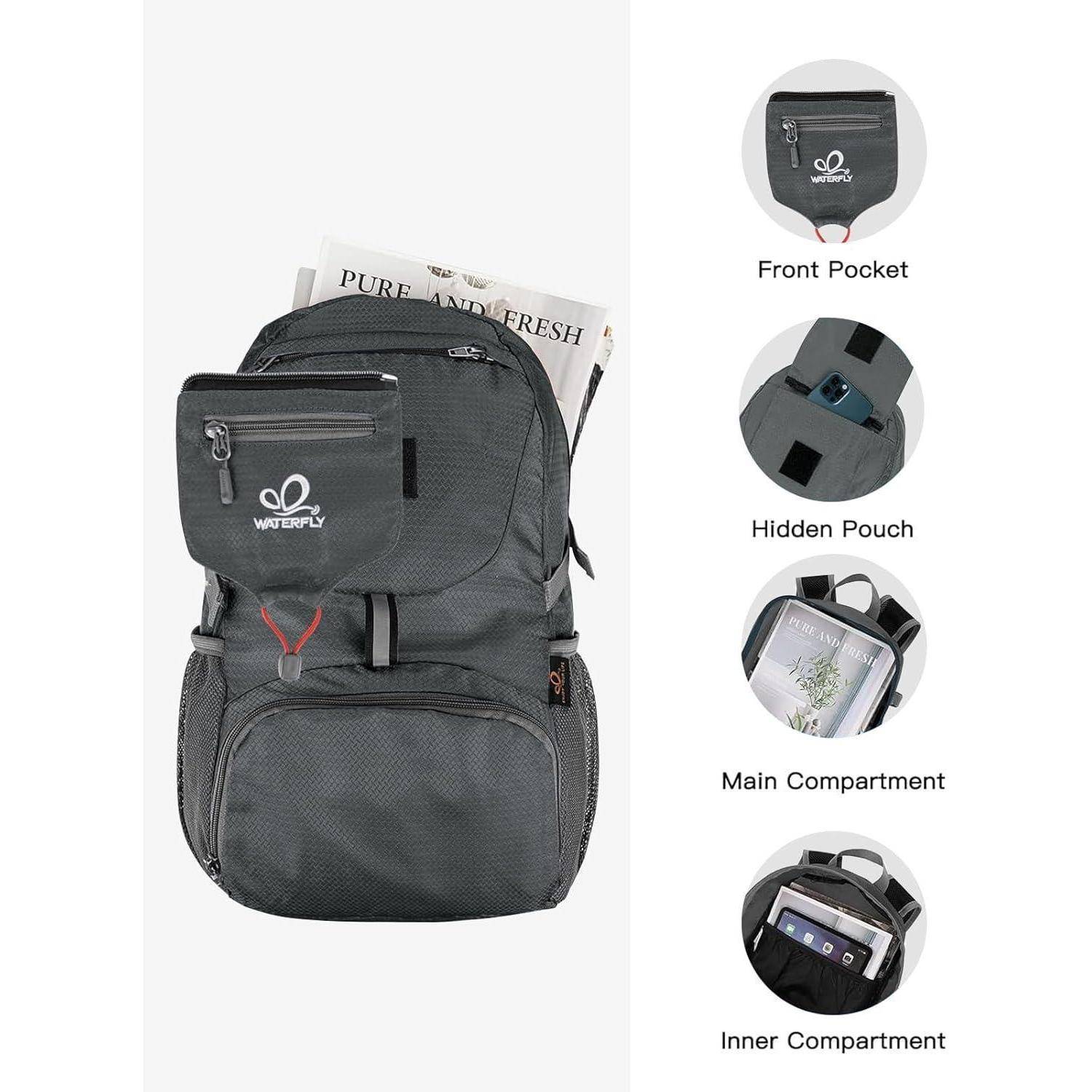 Schwarzer Rucksack mit folgenden Merkmalen: Vordertasche mit Logo, versteckte Tasche, Hauptfach für ein Magazin, Innenfach.