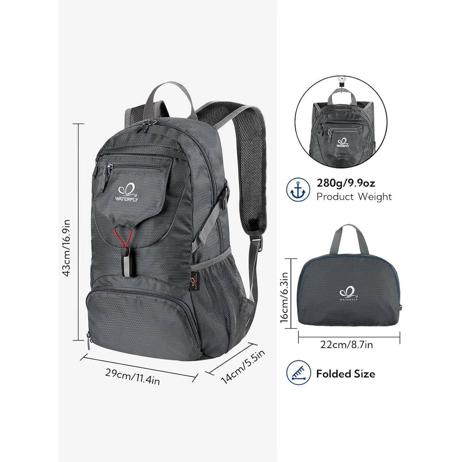 Ein grauer Rucksack mit den Maßen 43 cm x 29 cm x 14 cm wird gezeigt. Er wiegt 280 g und kann auf 16 cm x 22 cm zusammengefaltet werden. Ein kleines Logo ist auf der Vorderseite sichtbar.