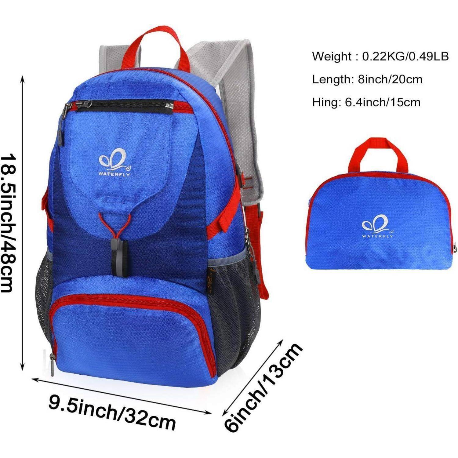 Blauer und roter wasserdichter Rucksack mit Abmessungen: 18,5 x 13 x 6 Zoll. Inklusive abnehmbarer Tasche. Gewicht: 0,49 Pfund.