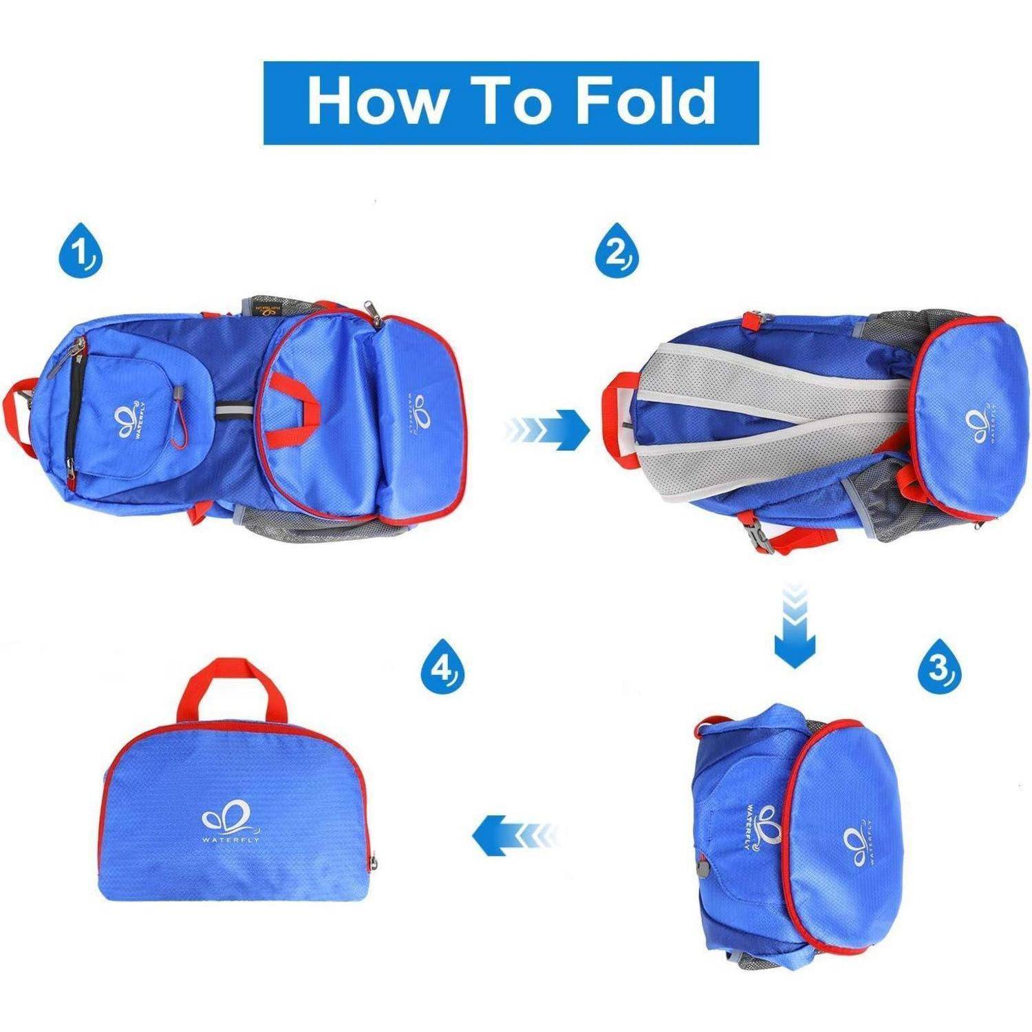 Wie zusammenfalten' Anleitung für einen blauen und roten Rucksack. Schritte: 1. Flach ausbreiten, 2. Seiten einfalten, 3. In der Mitte falten, 4. In eine kleine Tasche zusammenpacken.