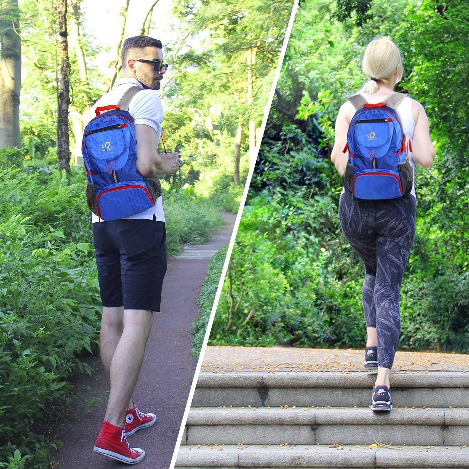 Zwei Menschen gehen getrennt in einem üppig grünen Park. Beide tragen rote und blaue Rucksäcke. Eine Person steigt Stufen hinauf, die andere geht auf einem Pfad.