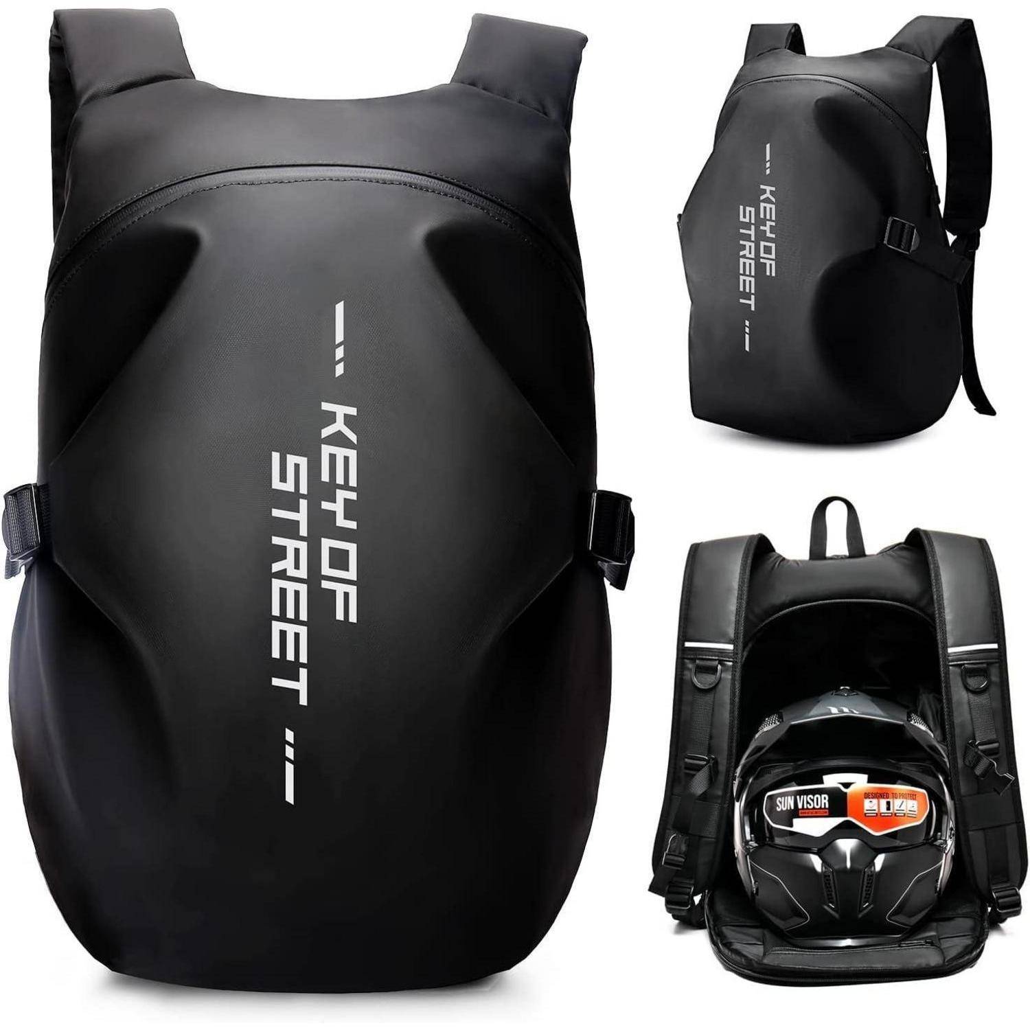 Ein schlanker schwarzer Motorrad-Rucksack mit dem Text ‚KEY OF STREET' auf der Vorderseite. Er verfügt über verstellbare Riemen und ein Fach für einen Helm.