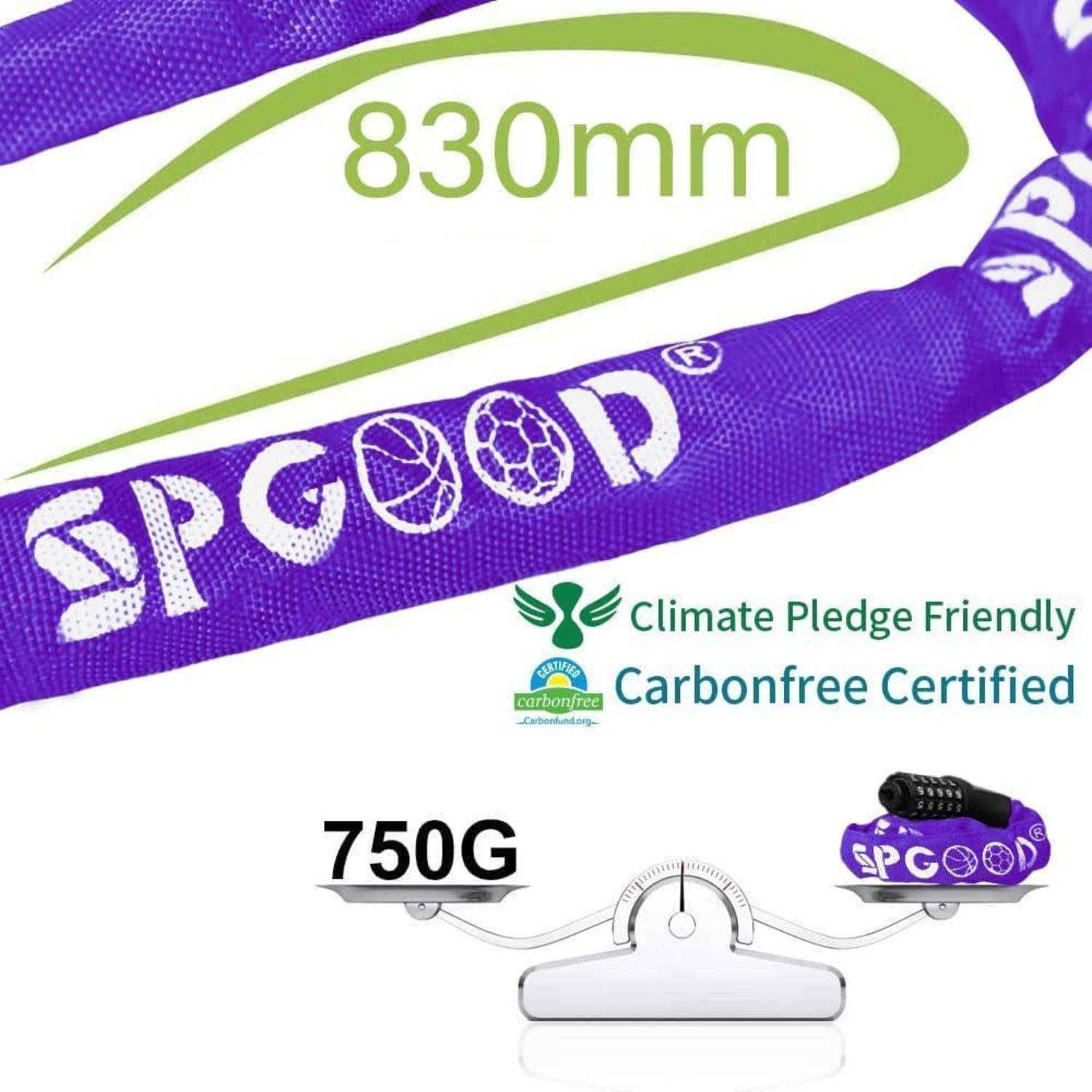 Lila Fahrradschloss von SPGOOD, 830 mm lang und 750g schwer. Mit den Logos 'Climate Pledge Friendly' und 'Carbonfree Certified'.