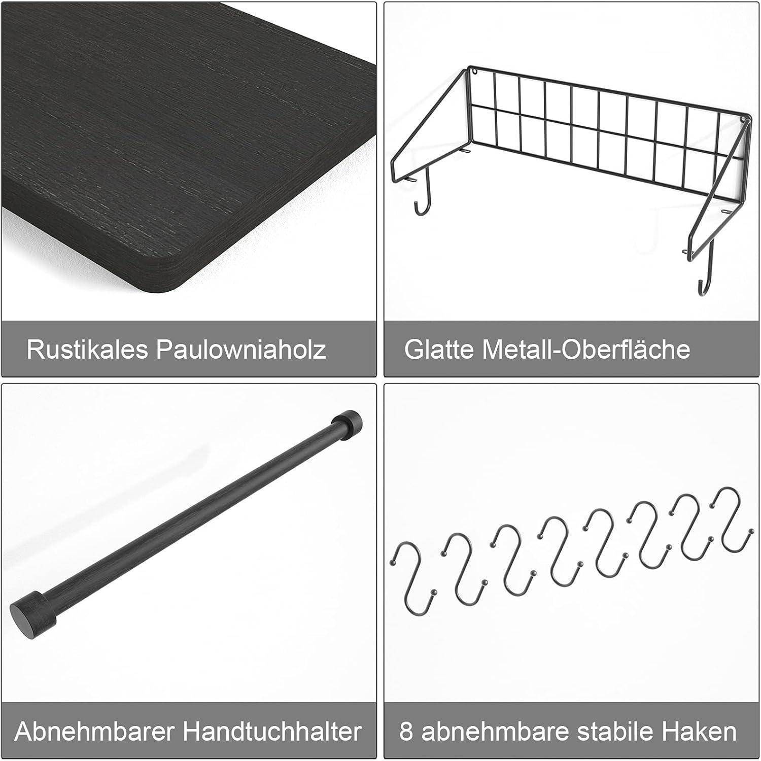 Regal aus rustikalem Paulowniaholz, Metallgestell mit glatter Oberfläche, abnehmbarer Handtuchhalter, 8 abnehmbare, stabile Haken.