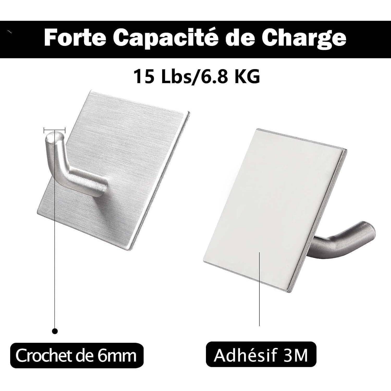 Forte Capacité de Charge' Haken Werbebild. Zeigt Metallhaken mit Abmessungen, unterstützt bis zu 15 lbs/6,8 kg, befestigt mit 3M.