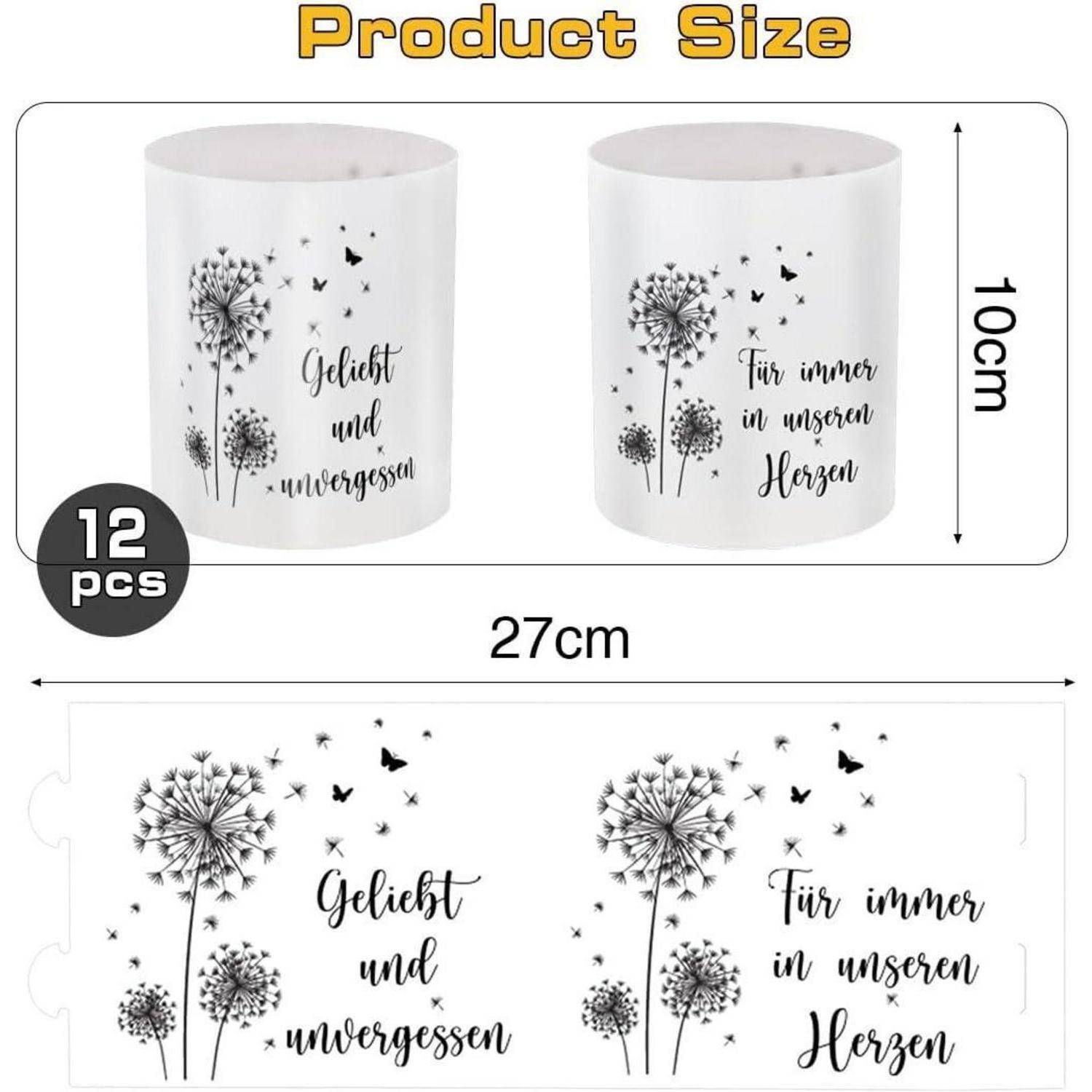 Zwei weiße Kerzenhalter mit Pusteblumen-Design und deutschem Text. Ein Kerzenhalter trägt die Aufschrift ‚Geliebt und unvergessen', der andere ‚Für immer in unseren Herzen'. 12 Stück, Größendetails inklusive.