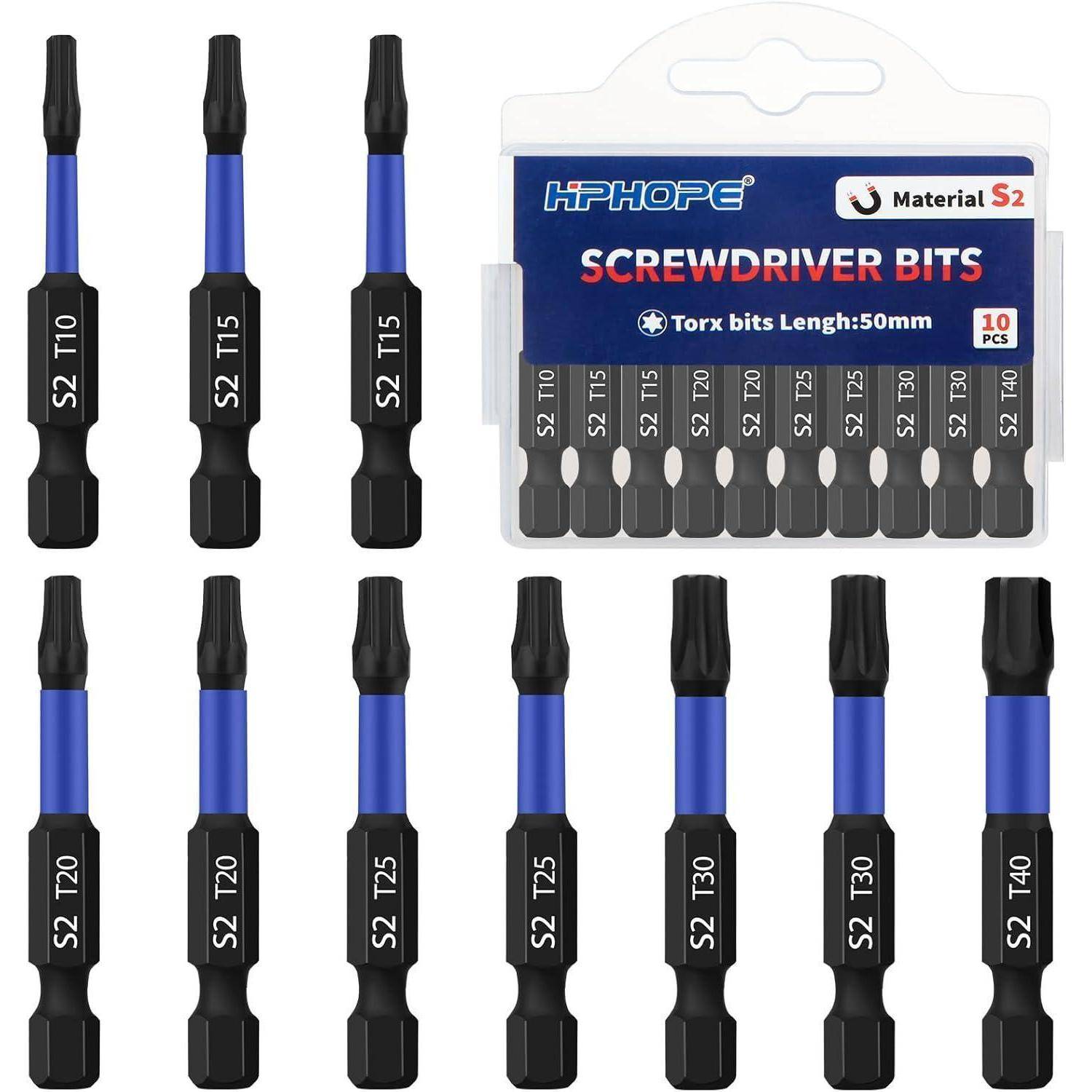 HPHOPE Schraubendreher-Bitsatz: 10 Torx-Bits, S2-Material, 50 mm Länge. Umfasst Größen von T10 bis T40 in einem Aufbewahrungshalter.