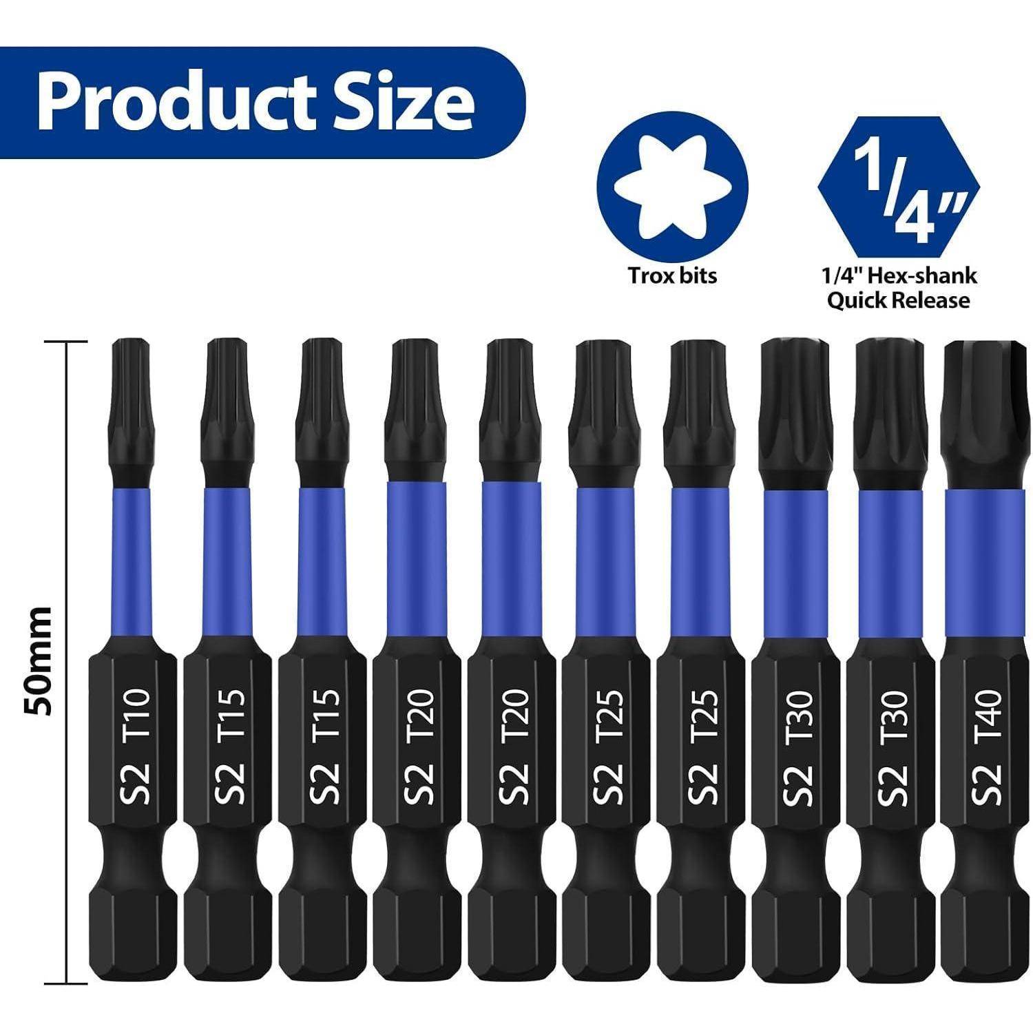 Ein Satz von neun schwarzen und blauen Trox-Bits, beschriftet mit S2 von T10 bis T40, jeweils 50 mm lang und mit einem 1/4