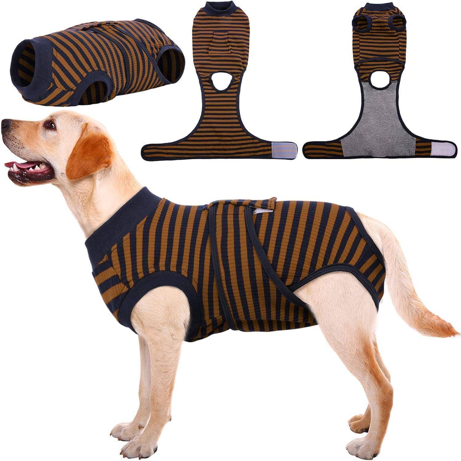 Ein Hund, der einen braun-schwarz gestreiften Pullover trägt. Separate Bilder zeigen die Vorder- und Rückseite des Pullovers mit einem Haken- und Schlaufenverschluss.