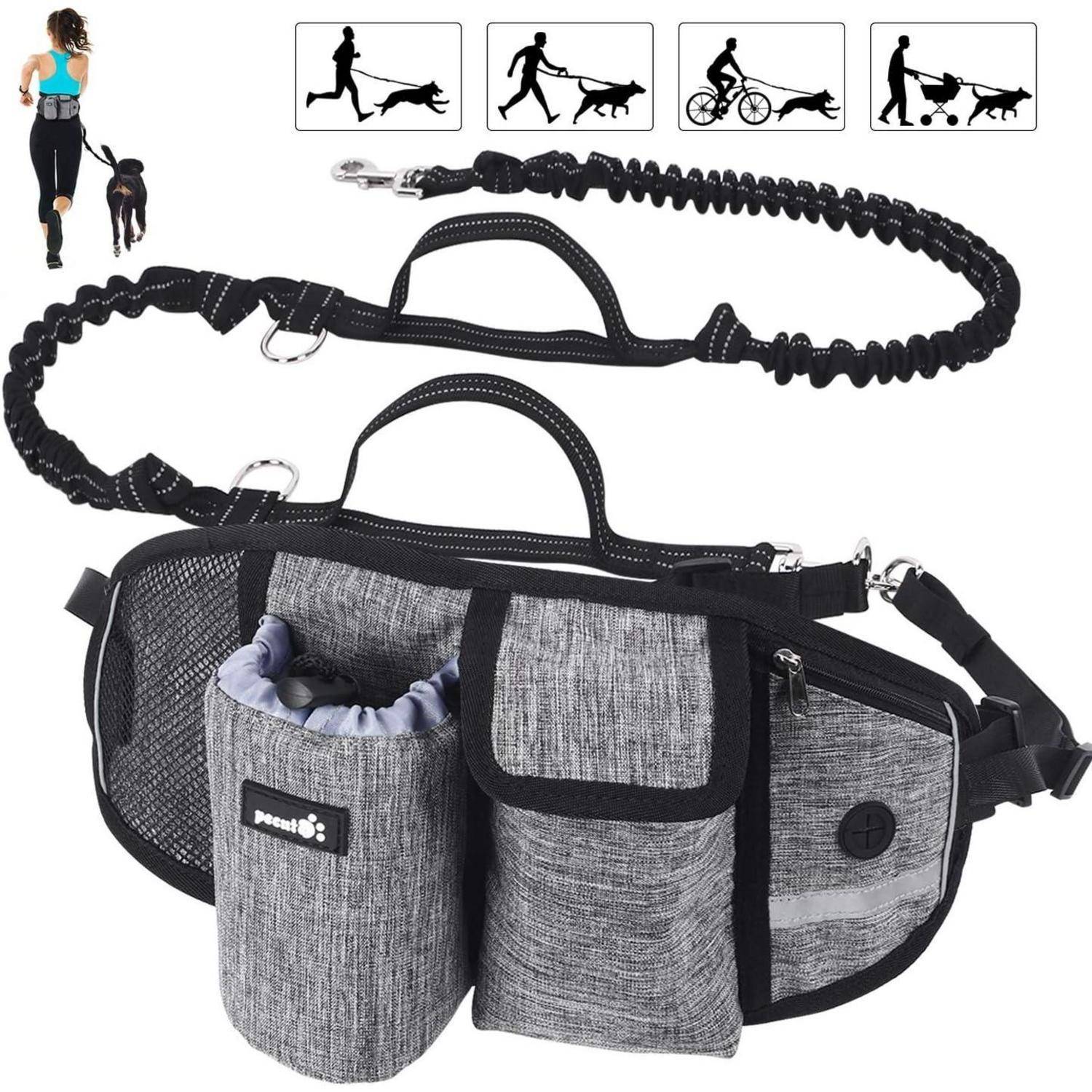 Eine Frau joggt mit einem Hund an der Leine und demonstriert eine graue Hands-free-Leine mit Hüfttasche, Wasserhalter und verstellbaren Gürtelmerkmalen.