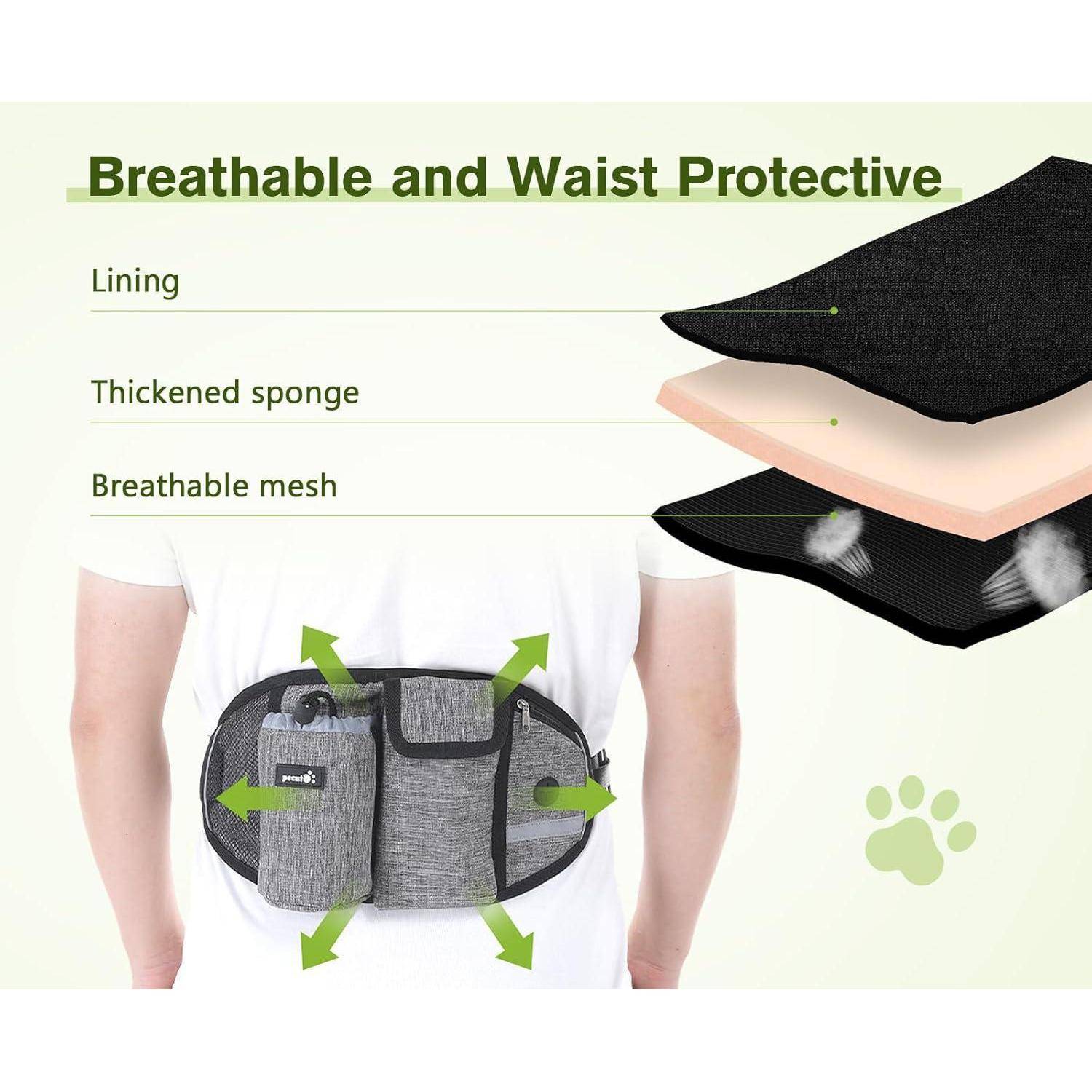 Eine Gürteltasche mit Handy und Wasserflasche, die von einem Model getragen wird, mit Hervorhebung der Merkmale: atmungsaktives Mesh, verstärkter Schwamm und Futter.