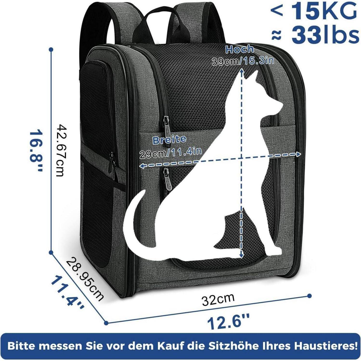 Haustier-Rucksack mit Abmessungen: Höhe 42,67 cm, Breite 29 cm, Tiefe 28,95 cm. Maximales Haustiergewicht: 15 kg. Grafische Darstellung eines Hundes im Inneren.