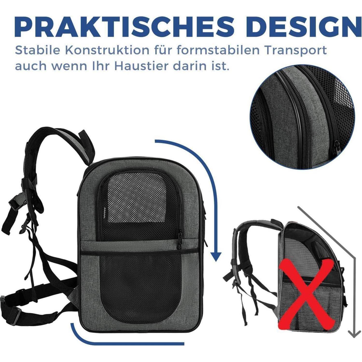 Rucksack mit robuster Konstruktion und Netzeinsätzen, der einen stabilen Transport gewährleistet. Text hebt das praktische Design für den Haustier-Transport hervor.