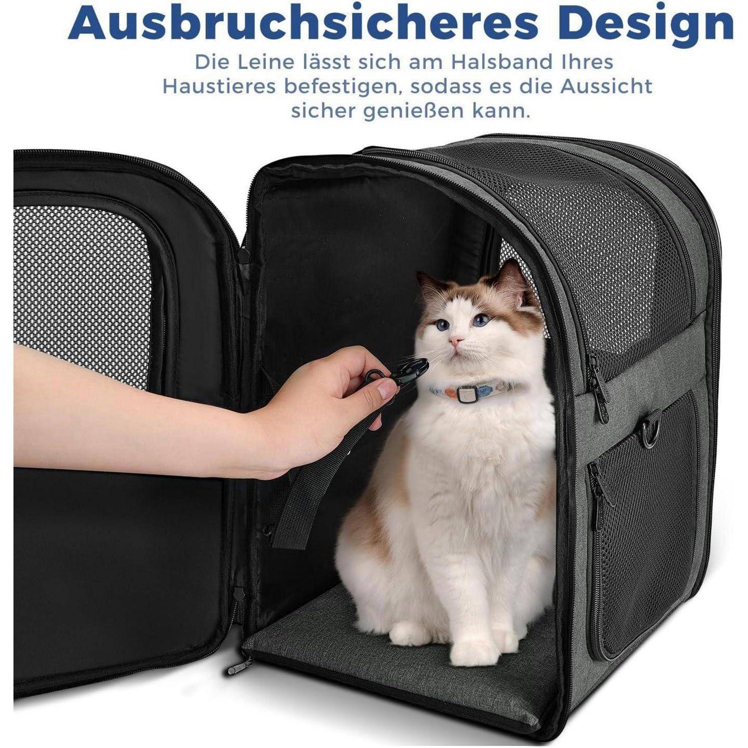 Eine Katze sitzt in einem Transportkorb, während eine Hand eine Person den Kragen anpasst. Der Text oben liest 'Ausbruchsicheres Design' und deutet auf Ausbruchsschutz hin.