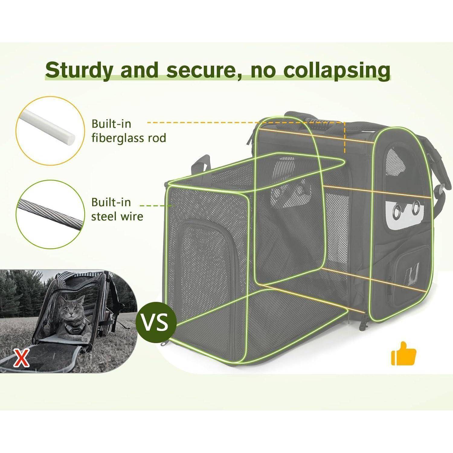 Robust und sicher, kein Zusammenbrechen: Tierträger mit Fiberglasstab und Stahldraht. Vergleich zeigt ein stabiles Design im Gegensatz zu einem zusammengebrochenen.