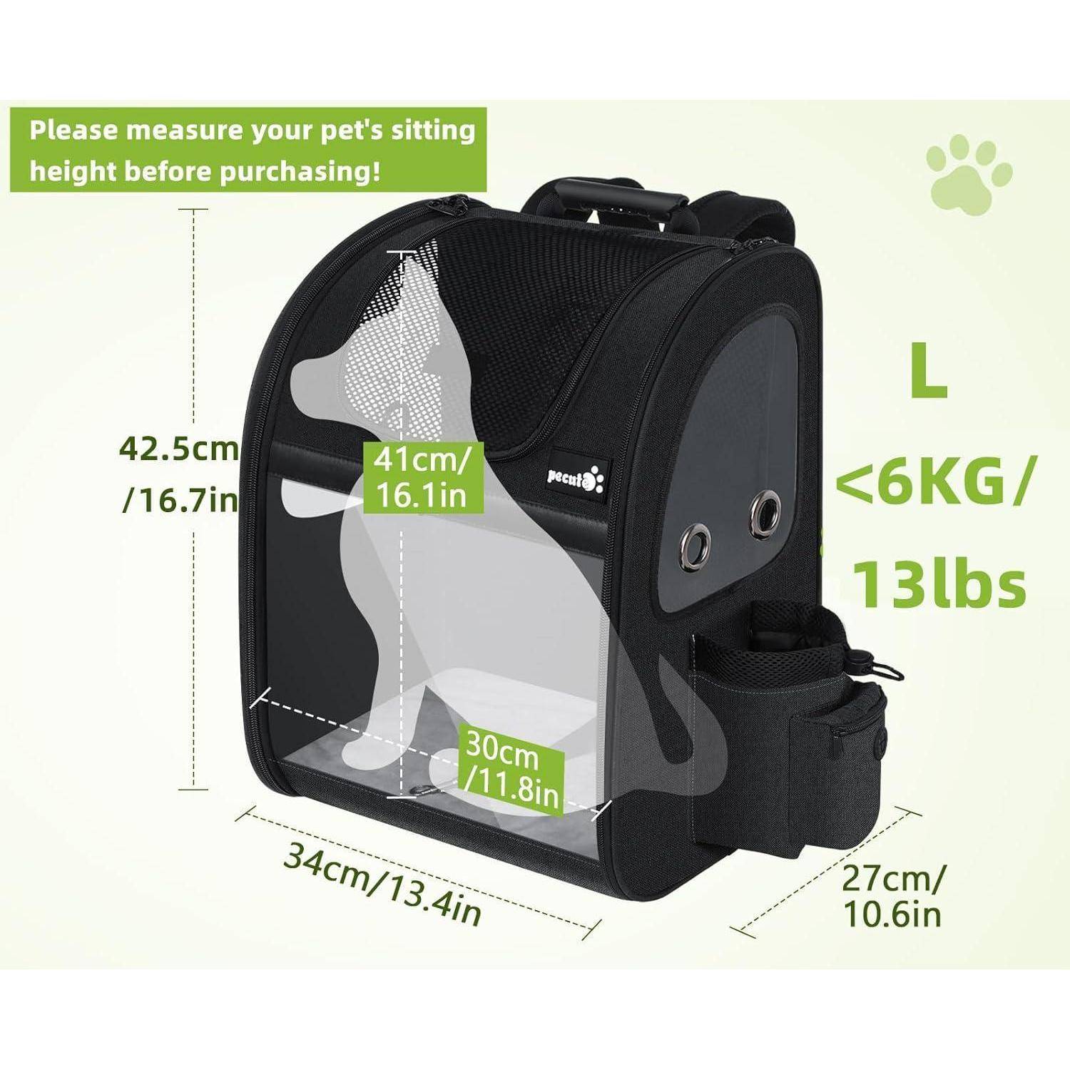 Maße des Tiertransporters: 34 x 42,5 x 27 cm, für Haustiere unter 6 kg/13 Pfund. Inklusive integriertem Sicherheitsgurt, Seitentasche und Schultergurt.