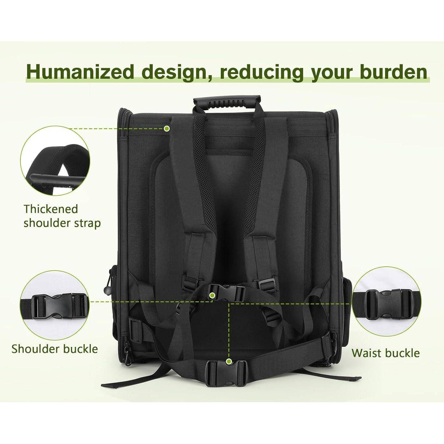 Rucksack mit verstärkten Schultergurten, Schulterschnalle und Hüftgurt. Text lautet: „Menschengerechtes Design, reduziert deine Last