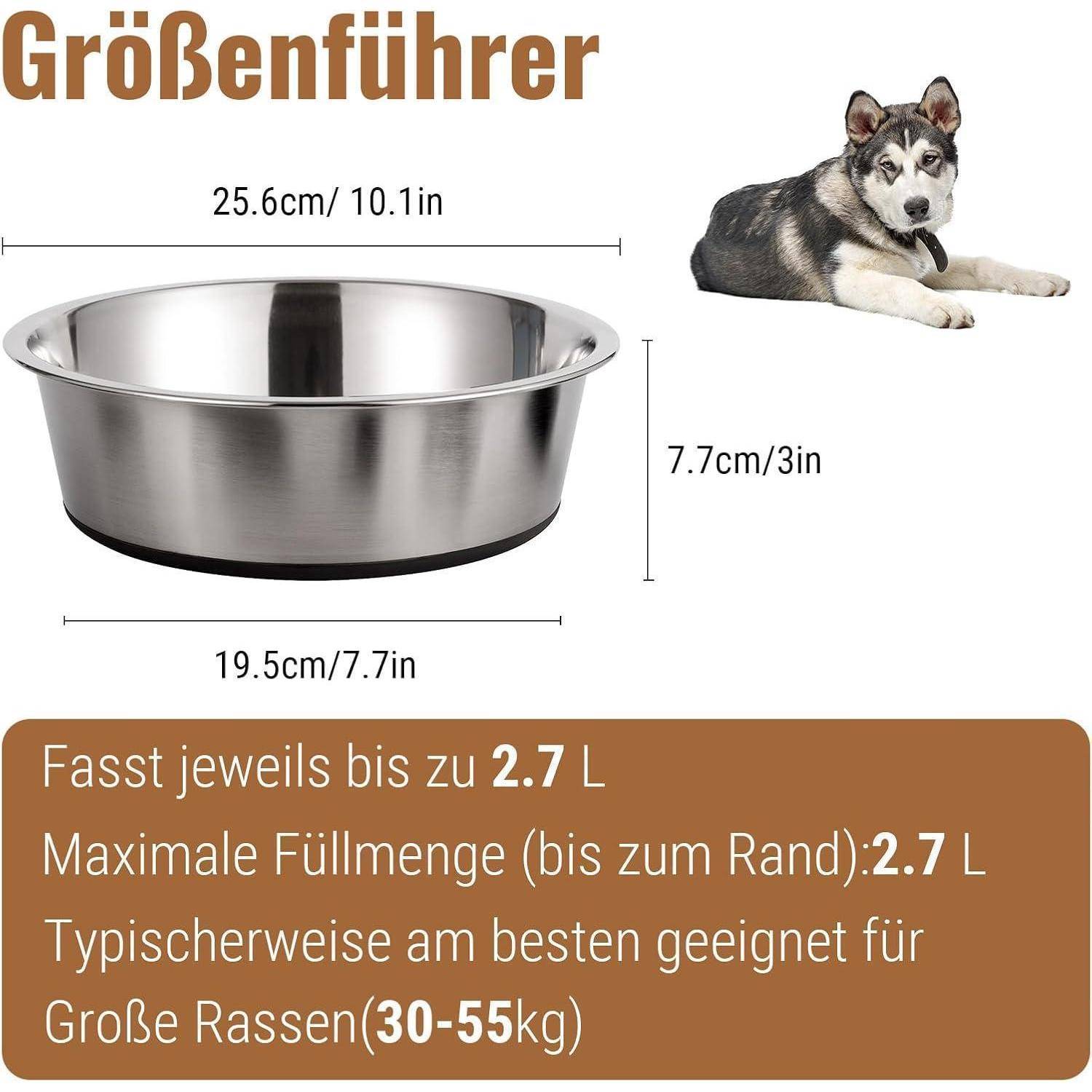 Eine große Edelstahl-Hundenapf mit Kapazitätsangaben: 'Fasst bis zu 2,7 L', 'Am besten geeignet für große Hunderassen (30-55 kg)'.