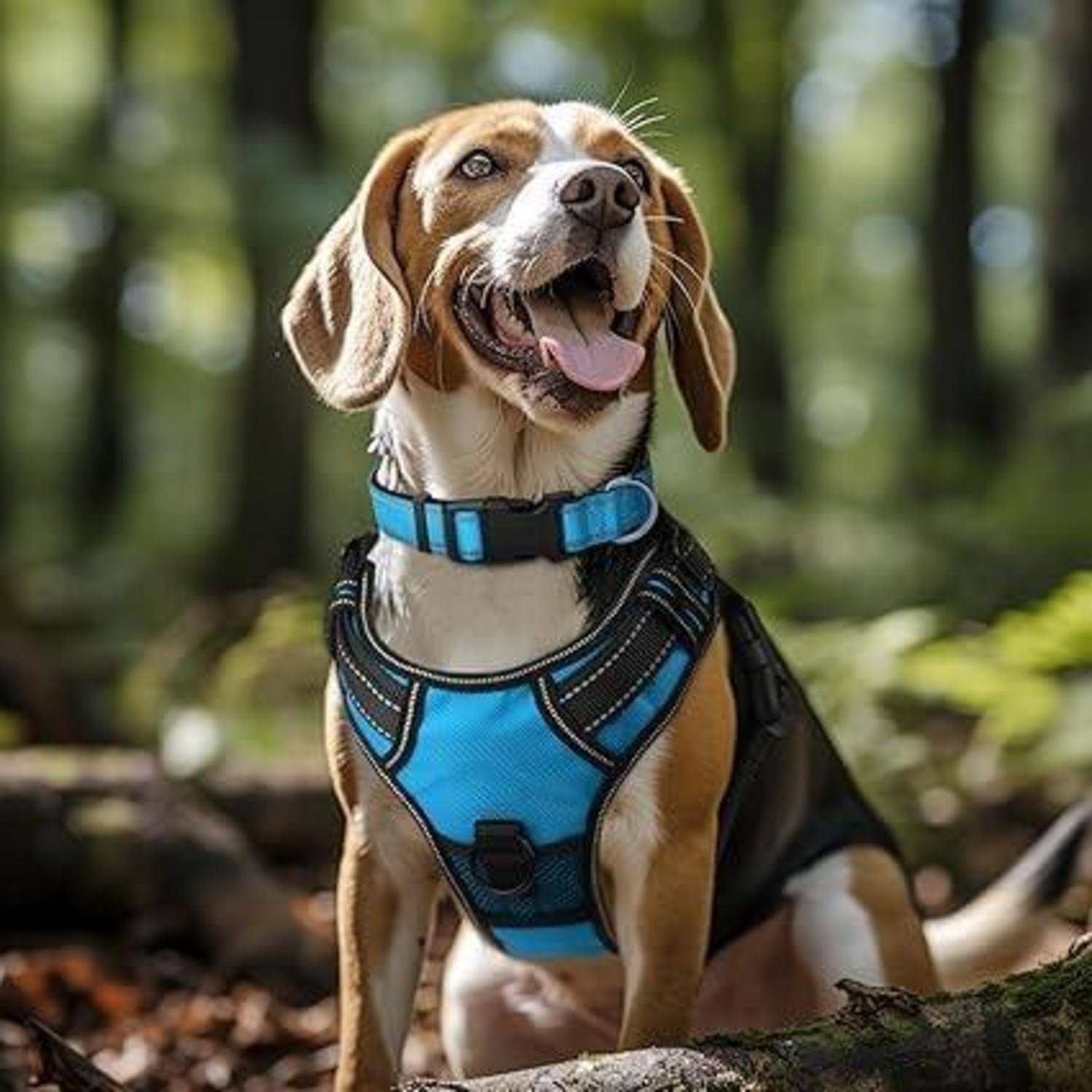 Ein Beagle mit blauem Geschirr sitzt auf einem Waldweg, aufmerksam und fröhlich, mit herausgestreckter Zunge, umgeben von üppigem grünem Laub.