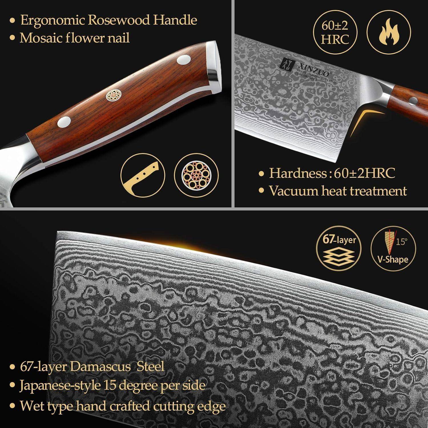 Das Bild präsentiert ein Messer und hebt dessen ergonomischen Rosenholzgriff mit Mosaikniet hervor, ausgestattet mit einer 67-lagigen Damaszener-Stahlklinge, einer Härte von 60+2 HRC, Vakuumwärmebehandlung und einer japanischen V-förmigen Schneide.