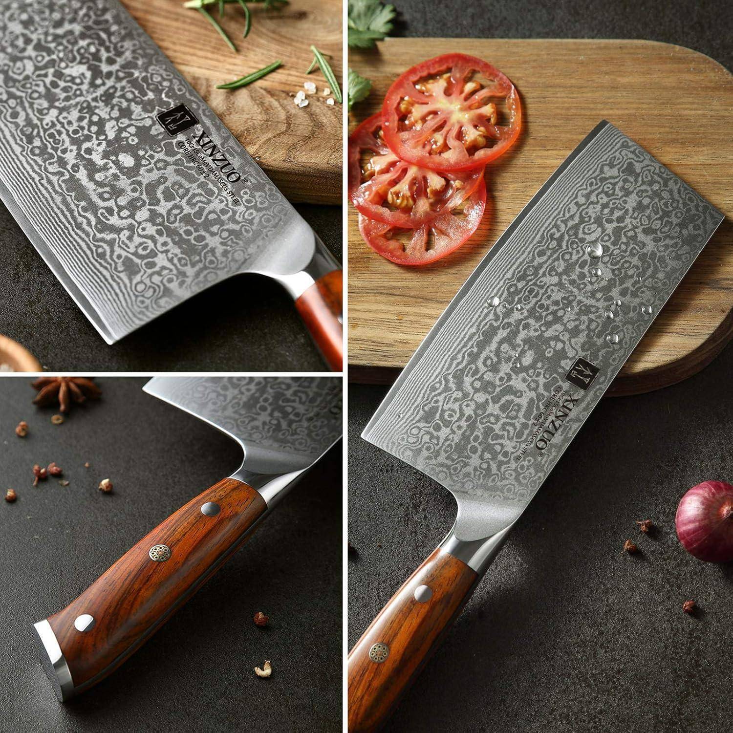 Eine Collage, die ein Damaszener Küchenmesser mit Holzgriff zeigt. Tomatenscheiben und Kräuter sind in der Nähe, die Lebensmittelzubereitung betonend.