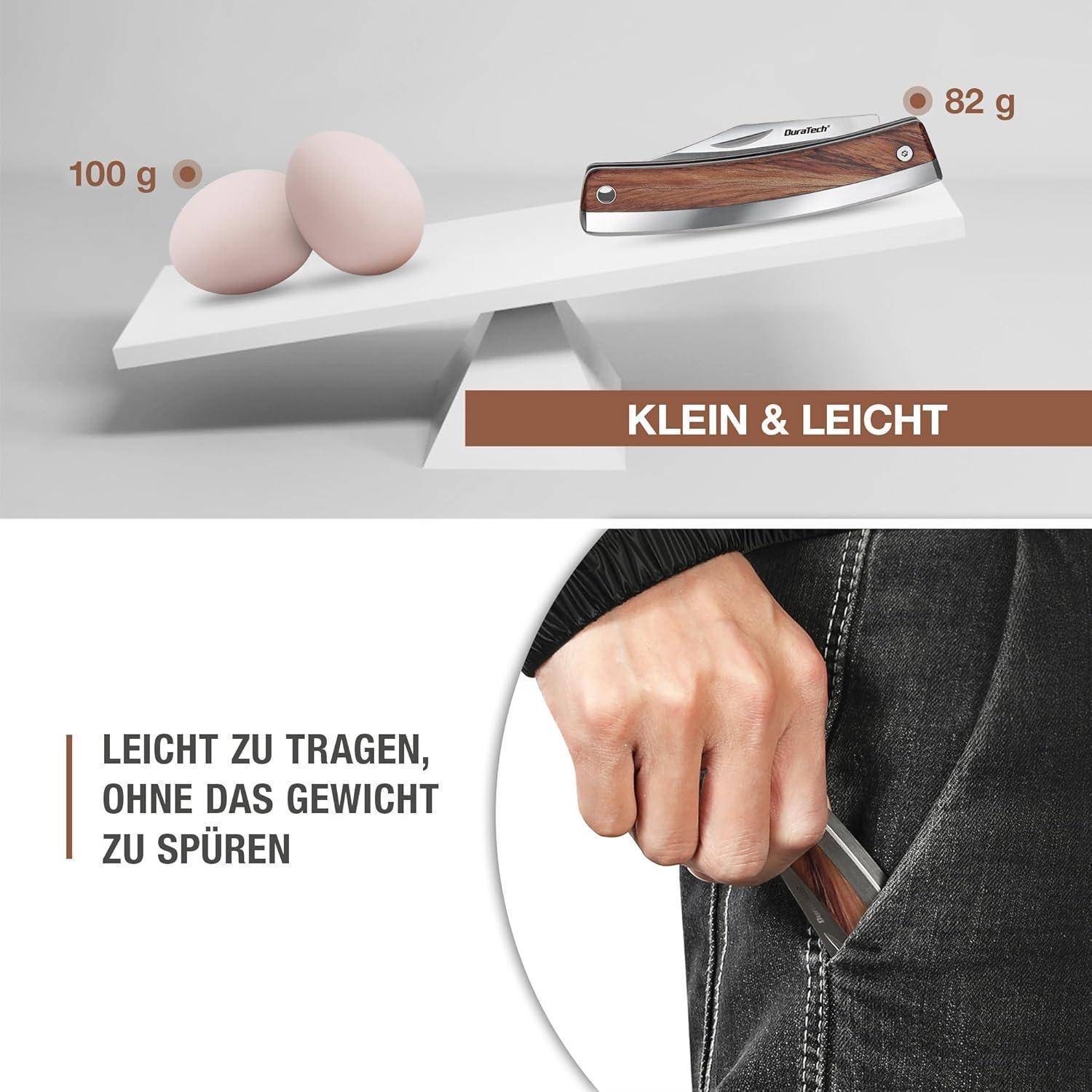 Klein & Leicht' Küchenmesser mit Holzgriff wiegt 82 g, leichter als zwei Eier (100 g). Text: 'Ohne zu tragen, ohne das Gewicht zu spüren.