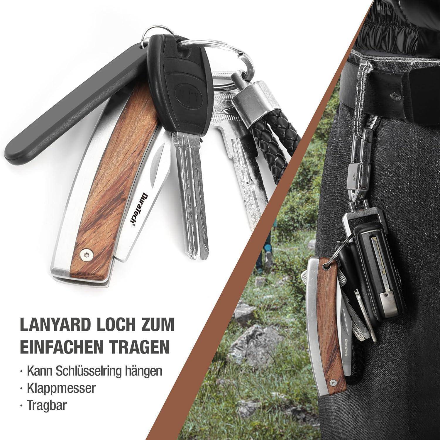 Multitool mit Holzgriff, Schlüsseln und angehängten Gegenständen. Seitenansicht zeigt es an einer Tasche geklippt und betont die Tragbarkeit. Text: 'Befestigungsloch zum einfachen Tragen - Taschenmesser - zusammenklappbar.