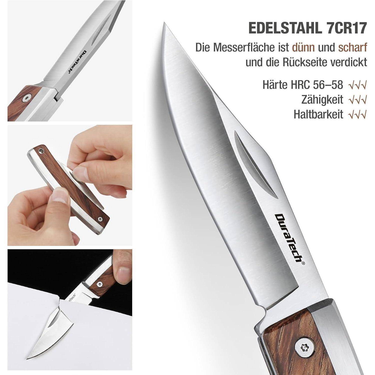 DuraTech' Küchenmesser mit einer scharfen, dünnen Klinge aus rostfreiem Stahl 7Cr17, Holzgriff, Texthervorhebungen betonen Schärfe und Haltbarkeit.