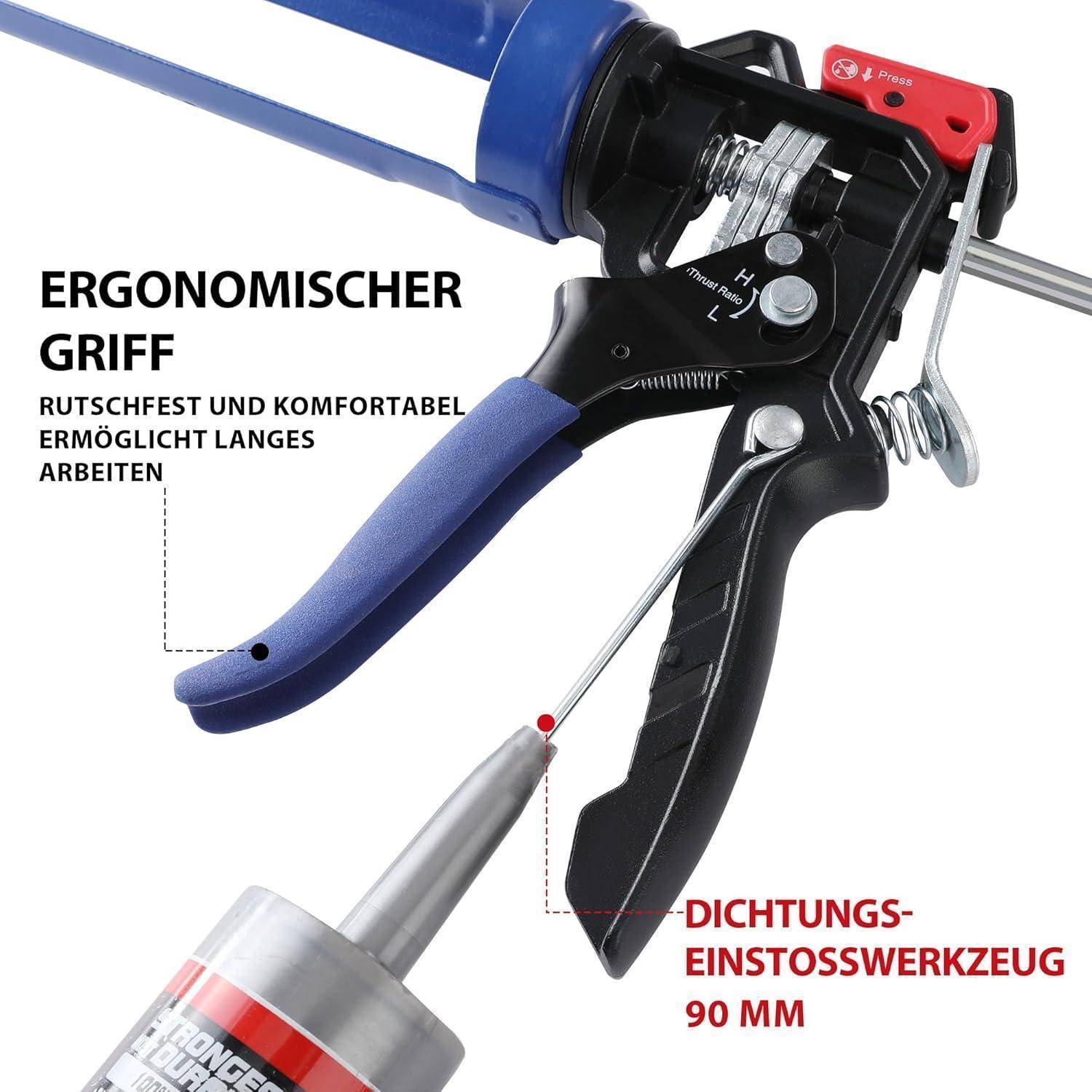 Kartuschenpistole mit ergonomischem Griff für komfortable Anwendung, ausgestattet mit einem Dichtungseinstosswerkzeug mit der Bezeichnung 'Dichtungseinstosswerkzeug 90mm'.