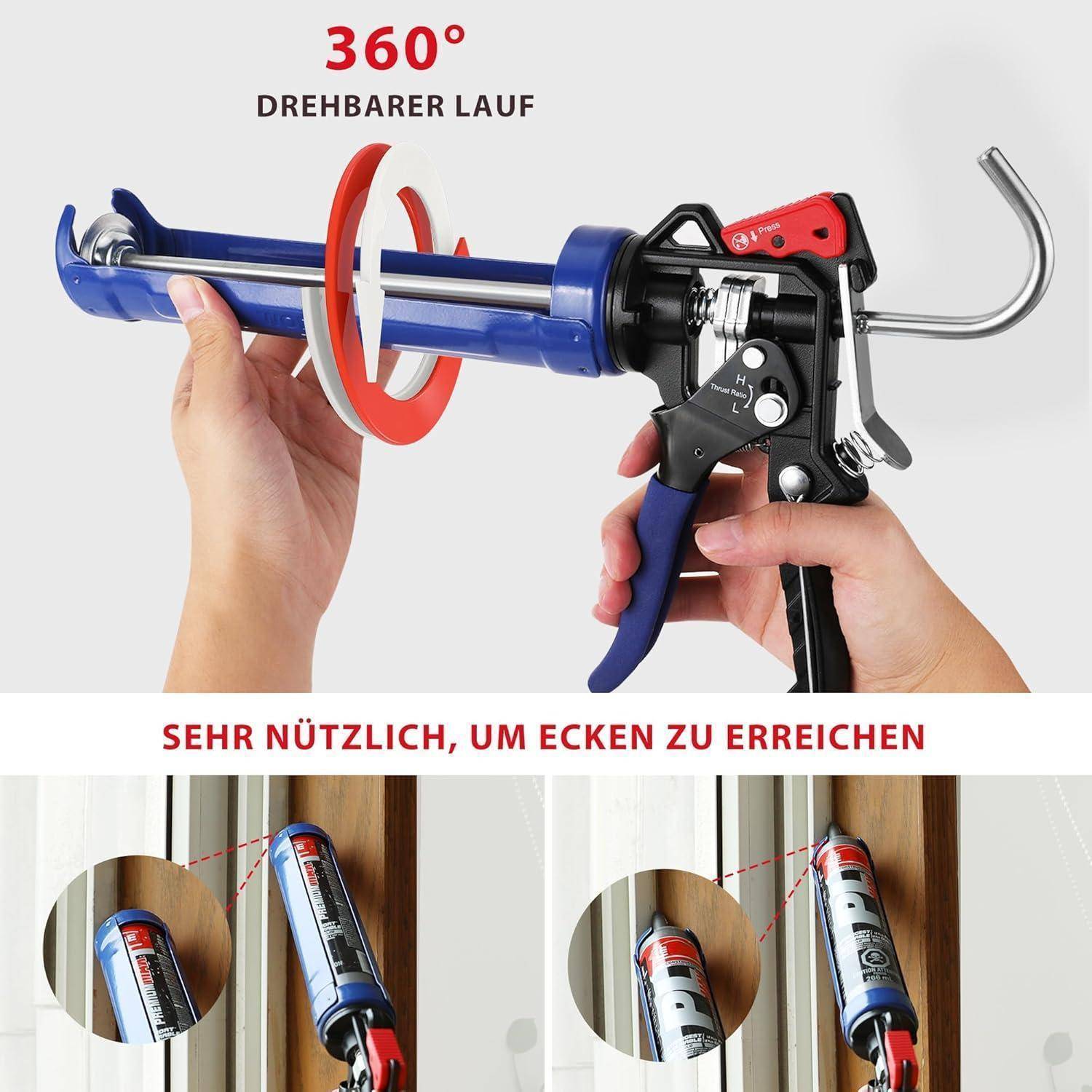 Hände, die eine blaue Kartuschenpistole mit einem um 360° drehbaren Lauf bedienen. Text liest sich: 'Drehbarer Lauf' und 'Sehr nützlich, um Ecken zu erreichen'.