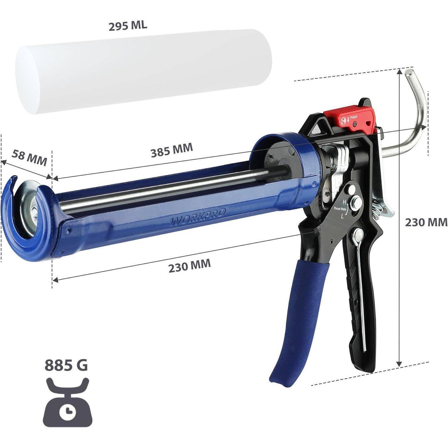 Eine Kartuschenpistole mit Abmessungen: 230 mm (Höhe), 385 mm (Länge), wiegt 885 g, gezeigt mit einer 295-ml-Kartusche.