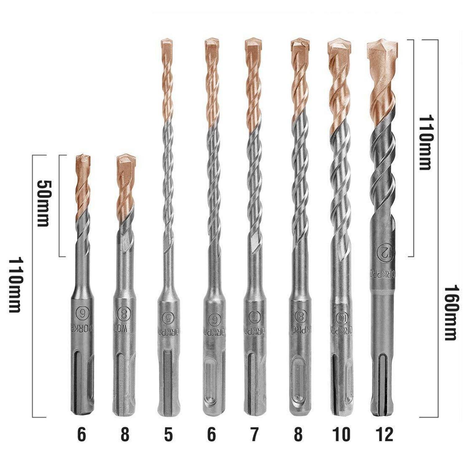 Ein Satz von acht Metallbohrern in unterschiedlichen Größen, mit Beschriftungen von 6 mm bis 12 mm, die Längen von 110 mm bis 160 mm aufweisen.