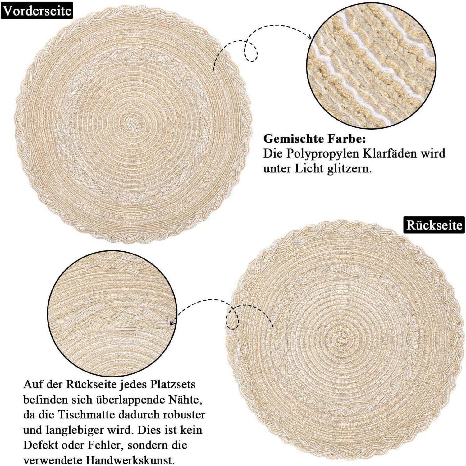 Zwei runde Platzsets mit gewebter Textur. Vorderseite glitzert unter Licht. Rückseite zeigt überlappende Nähte für Haltbarkeit, keine Mängel.