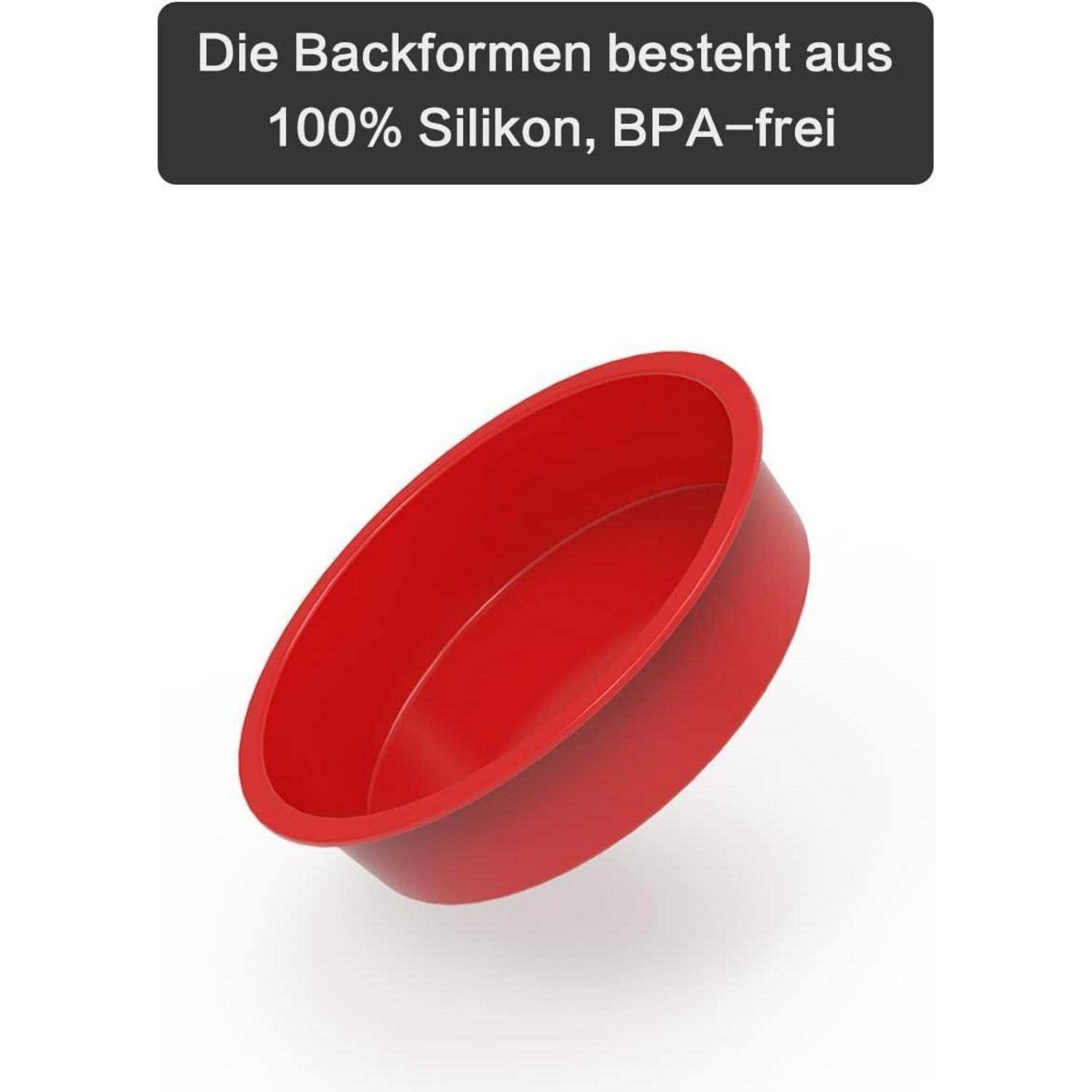 Rote Silikonbackform. Text lautet: 'Die Backform besteht aus 100% Silikon, BPA-frei
