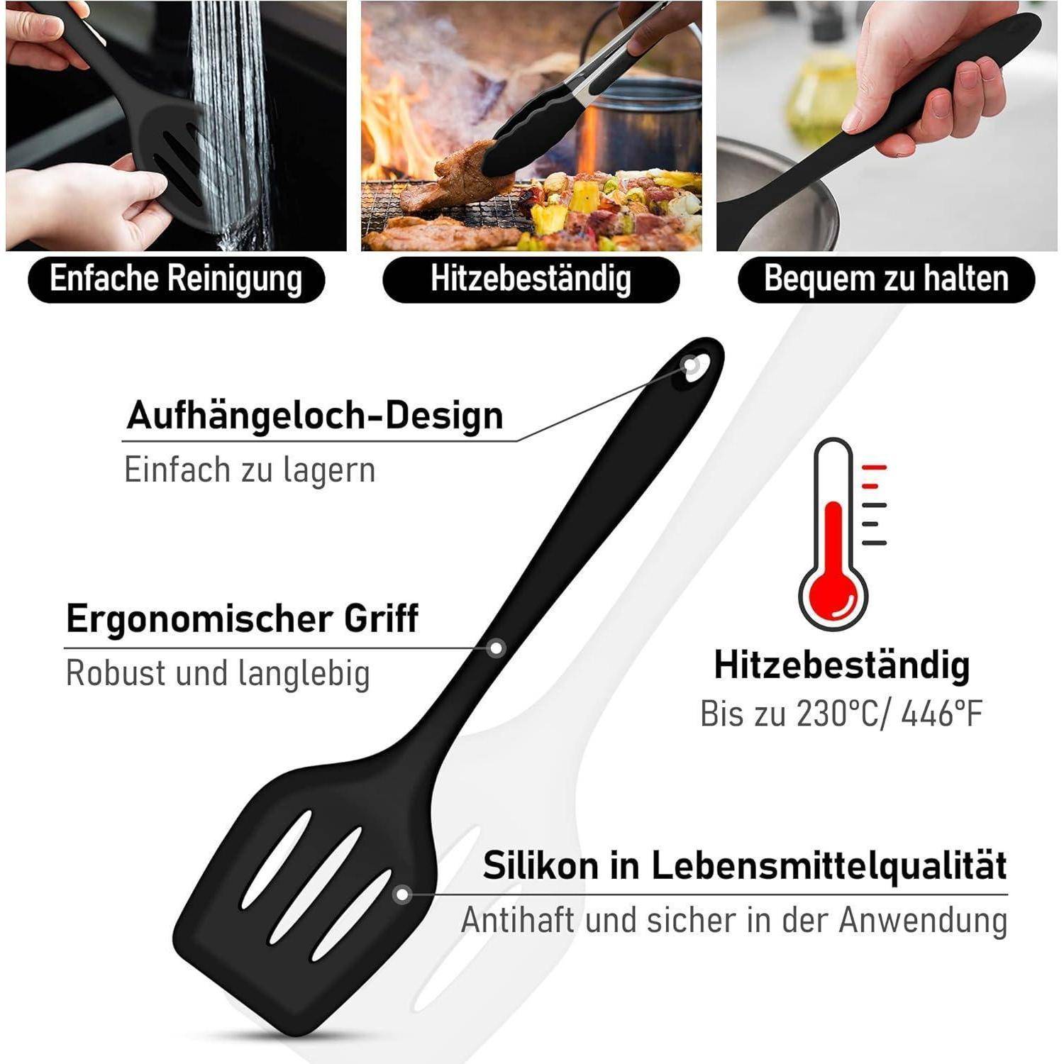 Schaufel' Spatel verfügt über einfache Lagerung, ergonomischen Griff, Hitzebeständigkeit bis zu 230°C/446°F und lebensmittelechtes Silikon, wobei der Fokus auf einfacher Reinigung, Hitzebeständigkeit und Benutzerfreundlichkeit liegt.