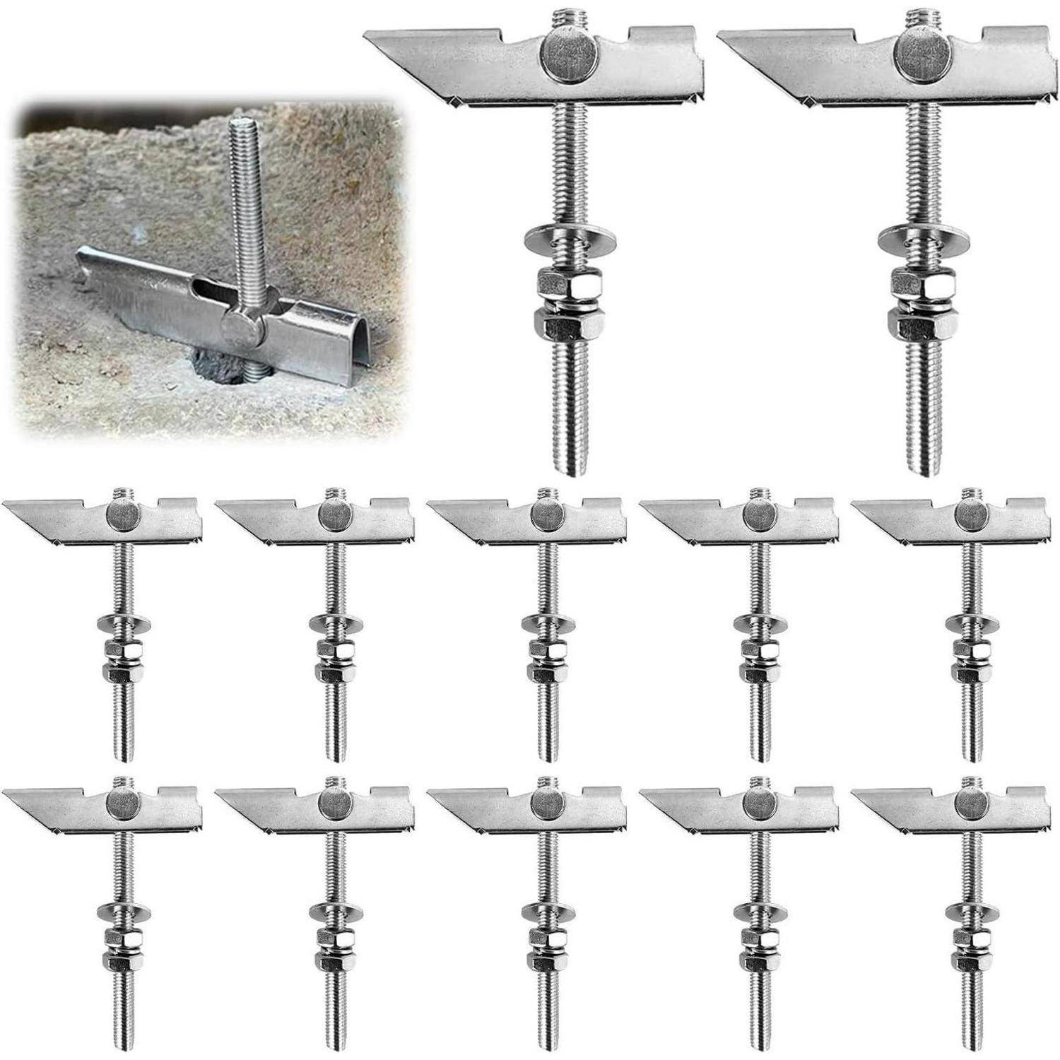 Satz aus Metallklappbolzen mit einer Nahaufnahme der Installation in eine Betonwand, mit Gewindedesign und federbelasteten Flügeln.